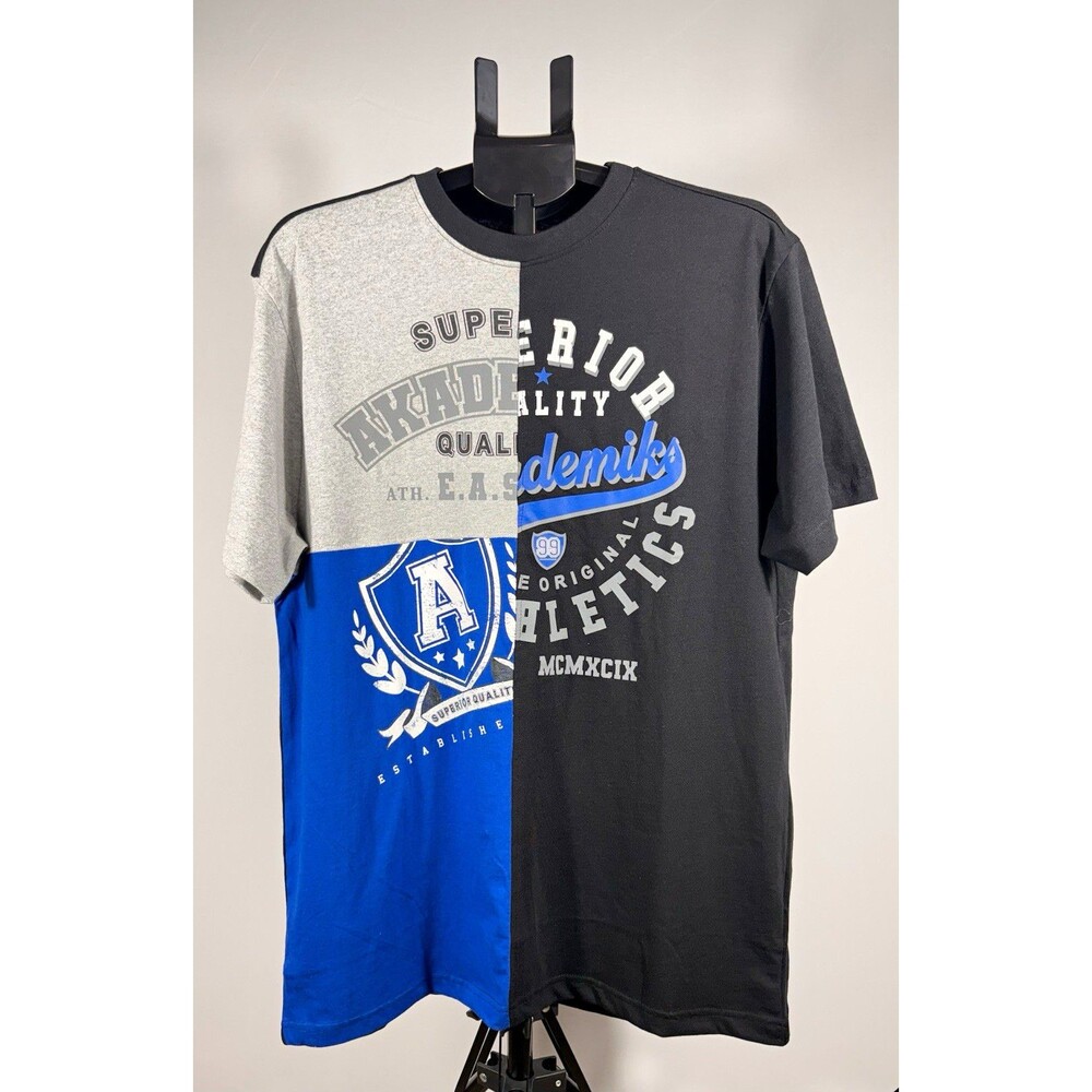 NWOT Akademiks Mens XL Black/Gray/Blue Cotton Knit Colorblock Graphic Logo Crew